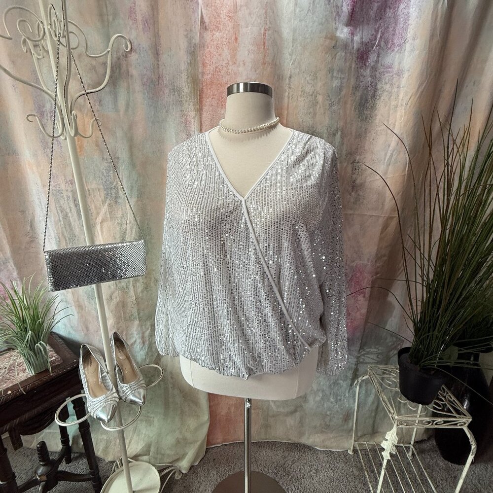 📌SHEIN  Sequin Bishop Sleeves Faux Wrap Semi Formal Blouse - Top